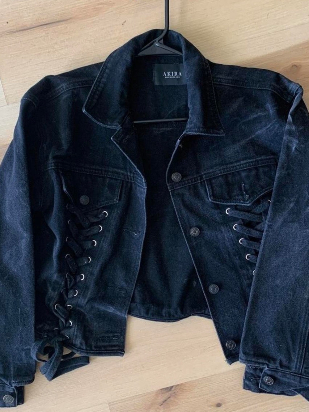 AKIRA Black Lace-Up Side Corset Denim Jacket